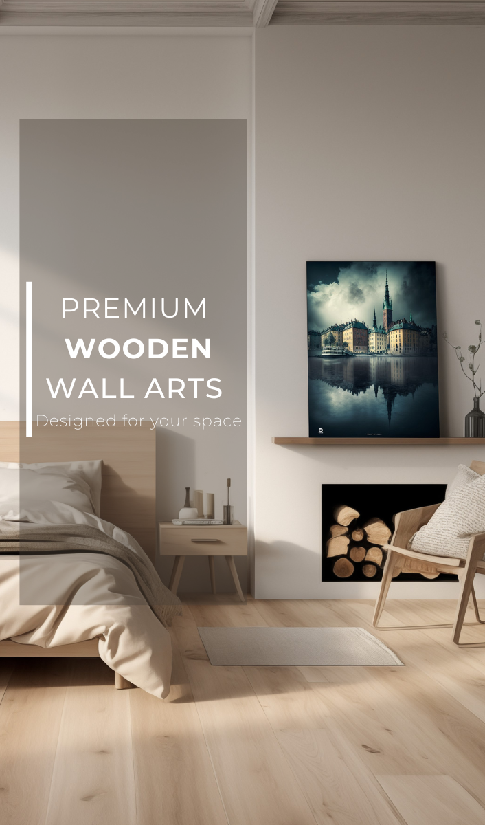 Premium wooden wall art with a scenic cityscape design, elegantly displayed above a fireplace, adding warmth and style to the space.